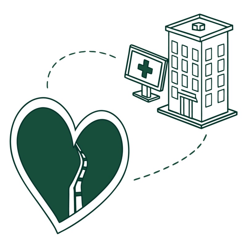 Vector illustration showing a green heart connecting two medical facility outlines with a computer monitor displaying a medical cross - representing SovDoc's IT/EHR specialist advisory services for cardiology practice mergers and acquisitions.