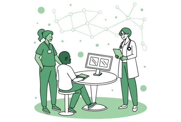 SovDoc illustration of dental practice M&A technology integration meeting, showing diverse professionals discussing IT systems and EHR transitions during dental practice mergers and acquisitions.