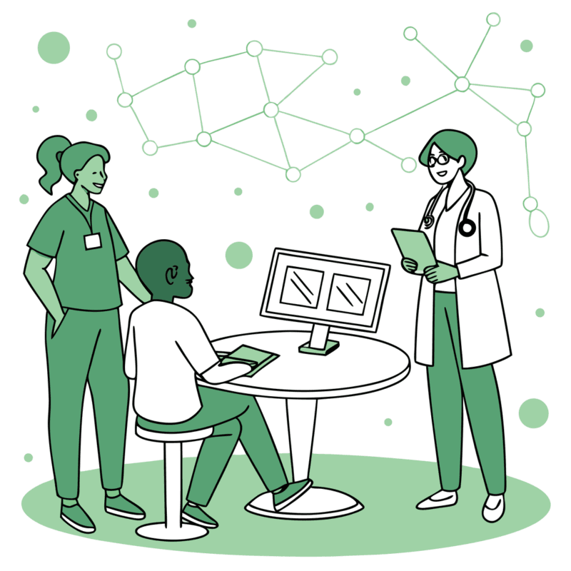 SovDoc illustration of dental practice M&A technology integration meeting, showing diverse professionals discussing IT systems and EHR transitions during dental practice mergers and acquisitions.