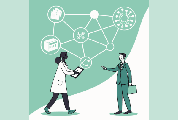 Dermatologist and business professional shaking hands over integrated healthcare data network, representing SovDOC's IT and EHR specialist advisory services for dermatology practice mergers and acquisitions.