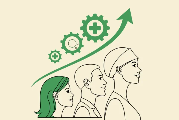 SovDoc's ENT practice M&A illustration showing IT/EHR specialists guiding healthcare technology transition, with integrated medical symbols, data migration represented by gears, and financial benefits of proper EHR integration during mergers and acquisitions.