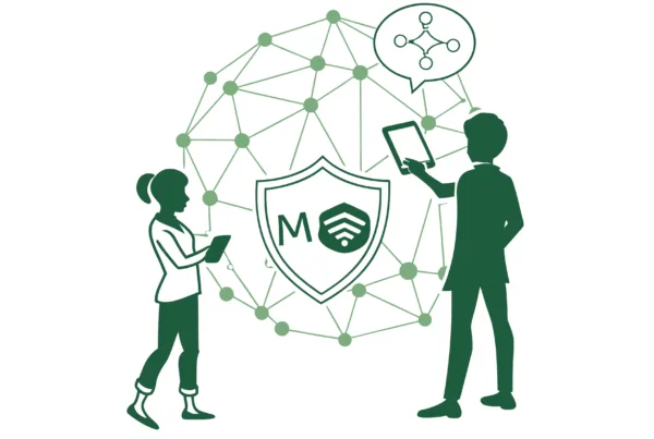 Minimalist illustration of medical technology experts collaborating on healthcare mergers and acquisitions, showing data integration and protection in gastroenterology and hepatology practices - SovDoc medical practice M&A advisors supporting EHR systems during healthcare transitions.