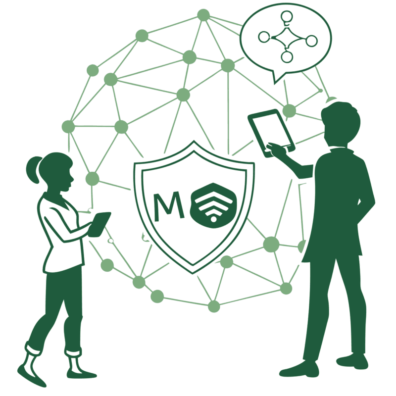 Minimalist illustration of medical technology experts collaborating on healthcare mergers and acquisitions, showing data integration and protection in gastroenterology and hepatology practices - SovDoc medical practice M&A advisors supporting EHR systems during healthcare transitions.