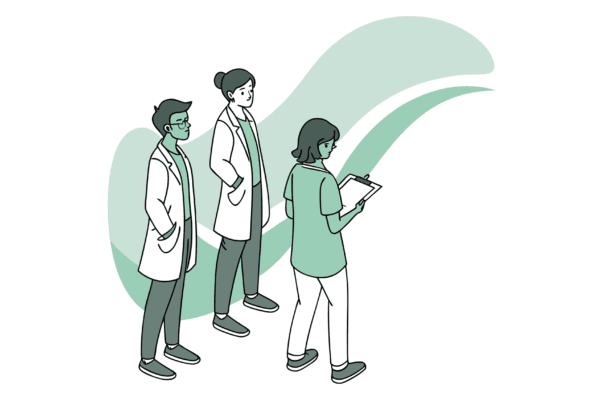 An illustration showing pain practice physicians collaborating with an IT/EHR specialist around digital health data systems, representing SovDoc's advisory services for technology integration during interventional pain practice mergers and acquisitions.