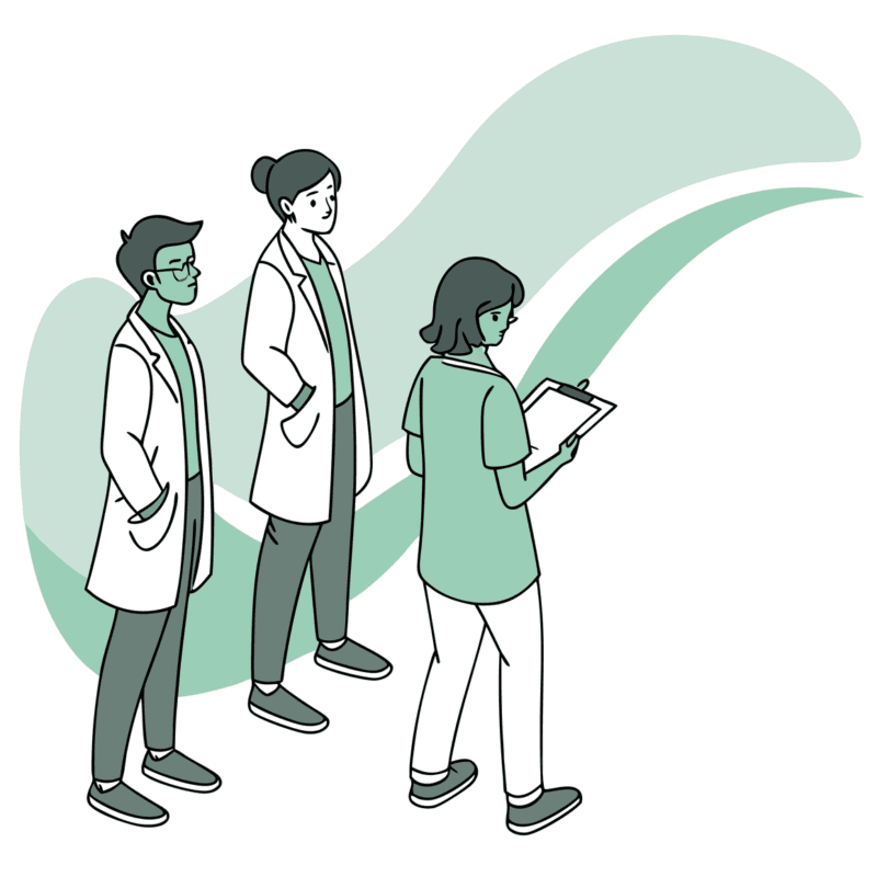 An illustration showing pain practice physicians collaborating with an IT/EHR specialist around digital health data systems, representing SovDoc's advisory services for technology integration during interventional pain practice mergers and acquisitions.