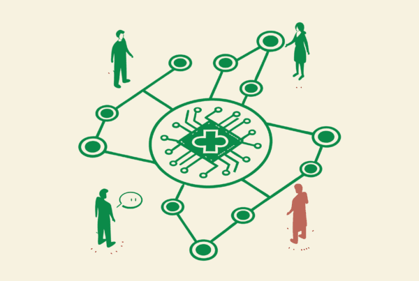 Vector illustration showing interconnected medical practices with central EHR system integration - SovDoc healthcare M&A advisors specializing in Med Spa technology consolidation during mergers and acquisitions.