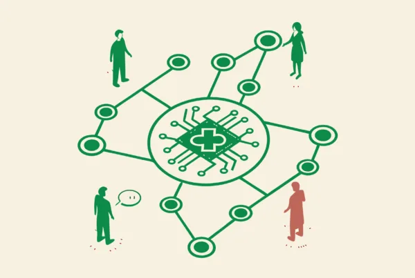 Vector illustration showing interconnected medical practices with central EHR system integration - SovDoc healthcare M&A advisors specializing in Med Spa technology consolidation during mergers and acquisitions.