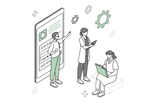 SovDoc healthcare M&A specialists discussing electronic health records during a nephrology practice merger consultation, representing collaborative analysis of medical data systems during acquisition advisory services.