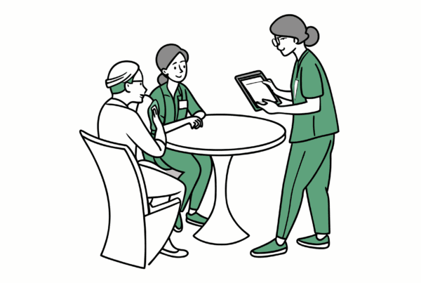 SovDoc healthcare M&A specialists discussing IT integration and EHR systems during a neurological rehabilitation practice merger consultation, represented by professionals analyzing data with brain and network imagery.