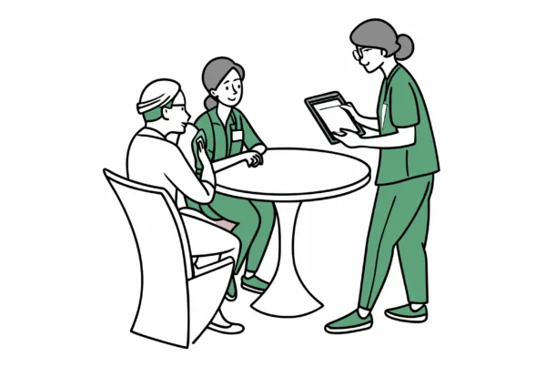 SovDoc healthcare M&A specialists discussing IT integration and EHR systems during a neurological rehabilitation practice merger consultation, represented by professionals analyzing data with brain and network imagery.