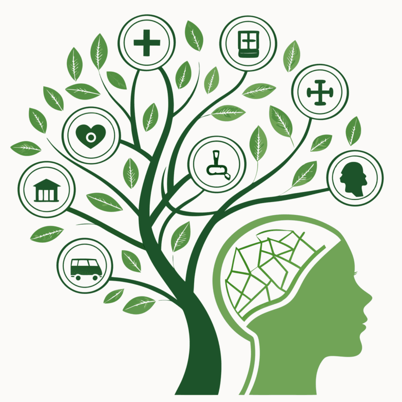 Stylized abstract illustration of interconnected healthcare systems forming a green data tree that branches to various medical facilities, with a healthcare professional silhouette above—representing SovDoc's expertise in oncology practice mergers, EHR integration, and IT infrastructure unification during healthcare M&A transitions.