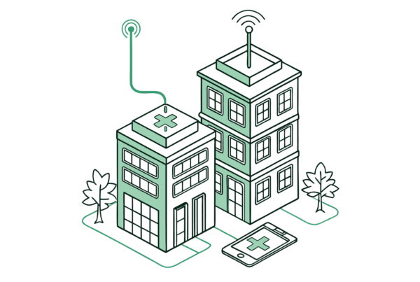 Abstract illustration representing medical practice mergers and IT integration in orthopedics and MSK healthcare facilities. Connected data systems flow into merged practice buildings, symbolizing the technology considerations during healthcare M&A transactions - SovDoc healthcare merger advisory services.