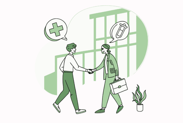 Illustration showing two professionals shaking hands during a physical therapy practice merger, with IT/EHR integration symbolism. SovDoc provides expert guidance for healthcare technology transitions during outpatient PT practice acquisitions.