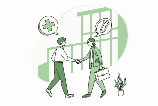 Illustration showing two professionals shaking hands during a physical therapy practice merger, with IT/EHR integration symbolism. SovDoc provides expert guidance for healthcare technology transitions during outpatient PT practice acquisitions.