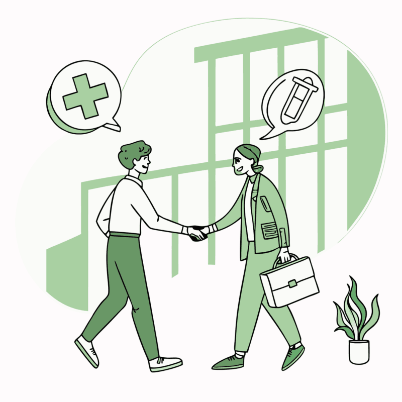 Illustration showing two professionals shaking hands during a physical therapy practice merger, with IT/EHR integration symbolism. SovDoc provides expert guidance for healthcare technology transitions during outpatient PT practice acquisitions.