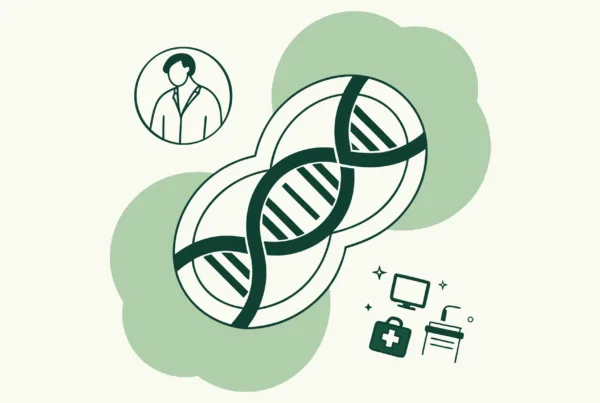 Stylized green double helix intertwining with abstract shapes representing healthcare and technology integration. SovDoc's expert guidance for IT and EHR specialists in plastic surgery practice mergers and acquisitions.
