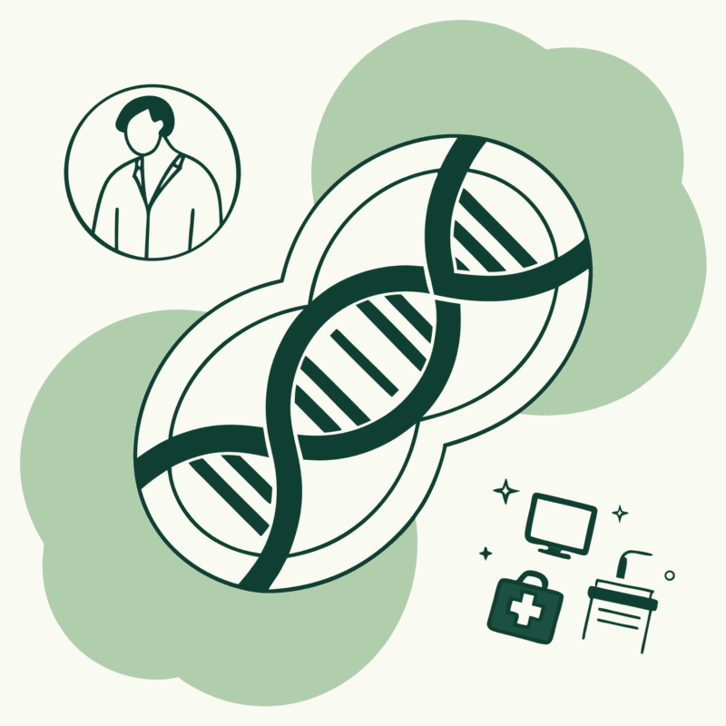 Stylized green double helix intertwining with abstract shapes representing healthcare and technology integration. SovDoc's expert guidance for IT and EHR specialists in plastic surgery practice mergers and acquisitions.