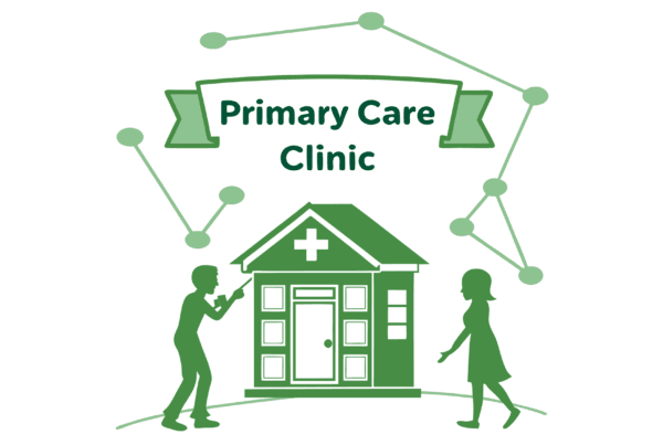 Stylized graphic representing primary care clinic mergers and acquisitions with data integration elements, showing a clinic building connected to human figures through communication pathways - SovDoc healthcare M&A advisory services for EHR and IT specialist considerations in medical practice transitions.