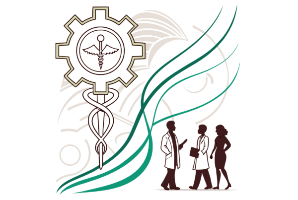 Abstract illustration depicting IT and EHR specialists collaborating around a medical technology symbol, representing SovDoc's advisory services for radiology practice mergers and acquisitions in healthcare IT integration.