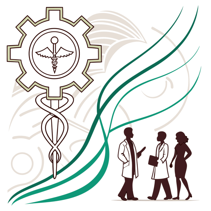 Abstract illustration depicting IT and EHR specialists collaborating around a medical technology symbol, representing SovDoc's advisory services for radiology practice mergers and acquisitions in healthcare IT integration.