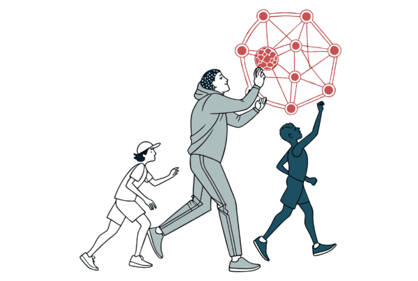 Stylized illustration showing healthcare IT/EHR specialists merging with performance therapy professionals - representing SovDocs' advisory services for sports medicine practice mergers and acquisitions, emphasizing data integration and workflow optimization.