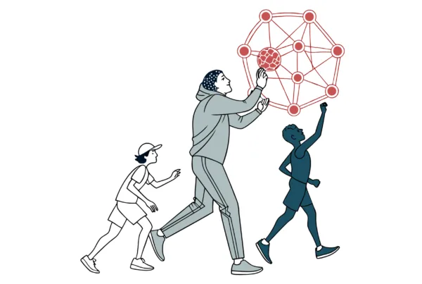 Stylized illustration showing healthcare IT/EHR specialists merging with performance therapy professionals - representing SovDocs' advisory services for sports medicine practice mergers and acquisitions, emphasizing data integration and workflow optimization.