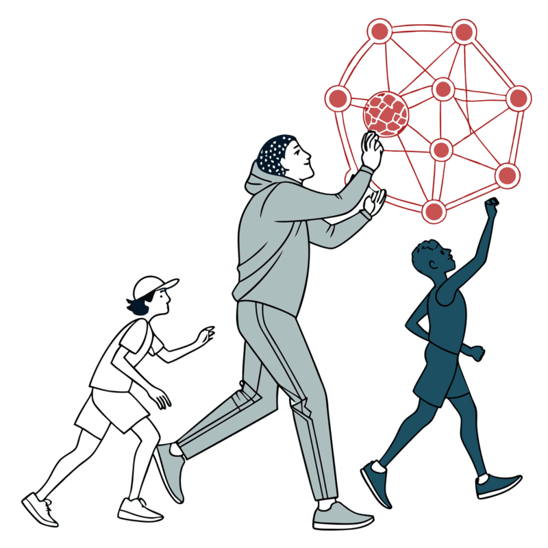 Stylized illustration showing healthcare IT/EHR specialists merging with performance therapy professionals - representing SovDocs' advisory services for sports medicine practice mergers and acquisitions, emphasizing data integration and workflow optimization.