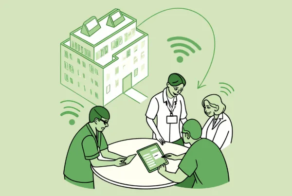 SovDoc healthcare M&A illustration showing IT and EHR specialists collaborating at a roundtable, analyzing patient data flows and urgent care operational metrics during merger and acquisition planning