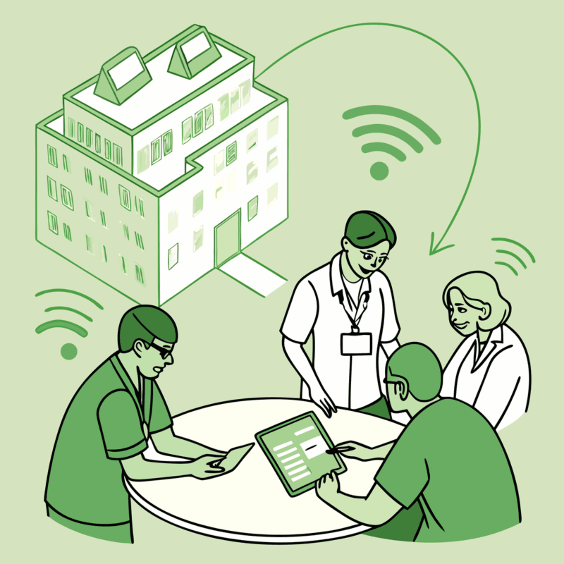 SovDoc healthcare M&A illustration showing IT and EHR specialists collaborating at a roundtable, analyzing patient data flows and urgent care operational metrics during merger and acquisition planning