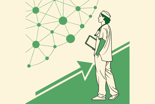 Medical professional silhouette against data network background representing SovDoc's urology practice M&A advisory services for IT and EHR integration during mergers and acquisitions