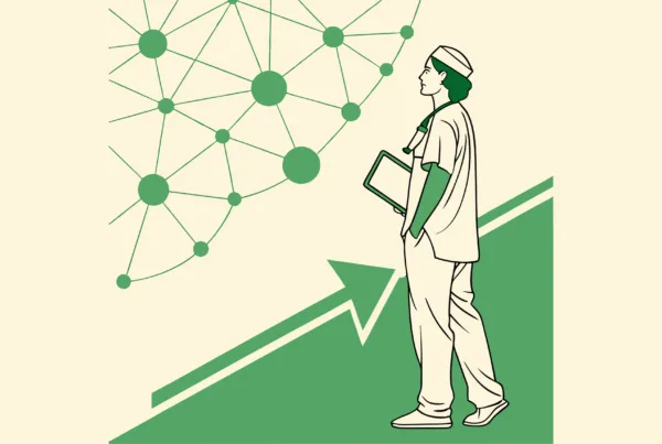 Medical professional silhouette against data network background representing SovDoc's urology practice M&A advisory services for IT and EHR integration during mergers and acquisitions