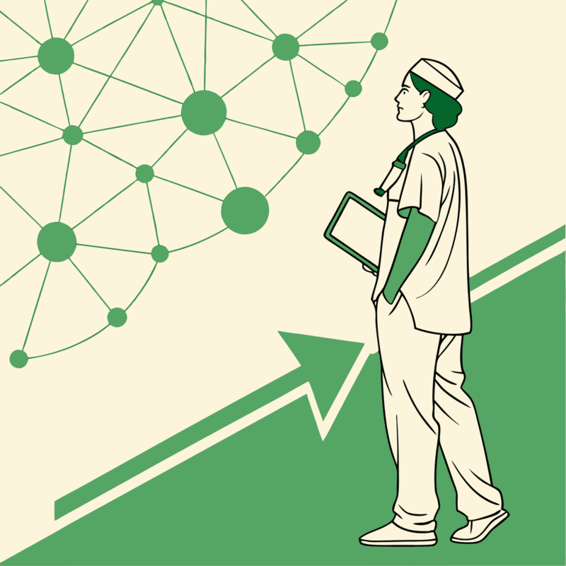 Medical professional silhouette against data network background representing SovDoc's urology practice M&A advisory services for IT and EHR integration during mergers and acquisitions