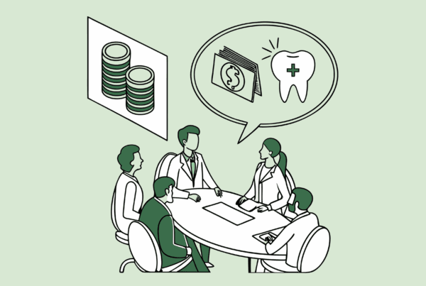 Financial advisors meeting with dental practice owner - SovDoc healthcare M&A illustration showing collaboration in dental practice mergers and acquisitions