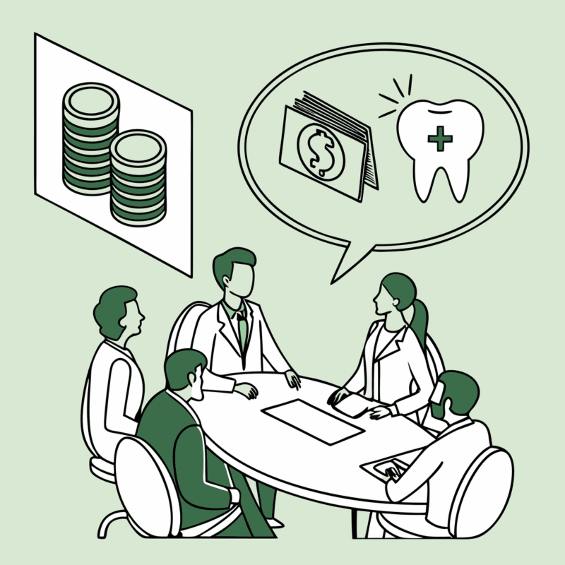 Financial advisors meeting with dental practice owner - SovDoc healthcare M&A illustration showing collaboration in dental practice mergers and acquisitions