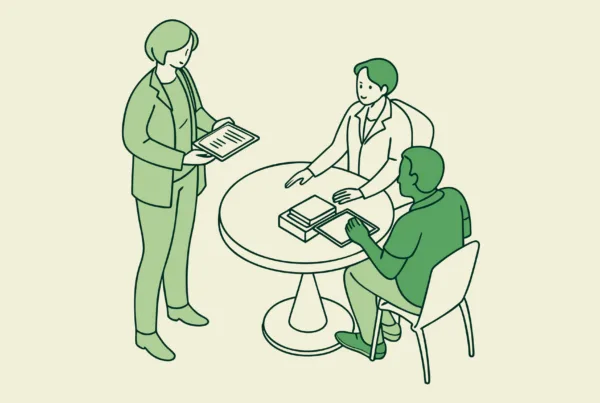 Stylized illustration depicting a dermatology practice M&A roundtable discussion with advisors and lenders - SovDoc healthcare M&A advisors representing dermatology transactions and financing options