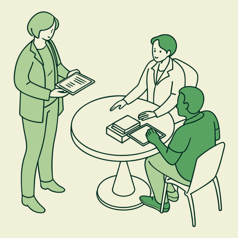 Stylized illustration depicting a dermatology practice M&A roundtable discussion with advisors and lenders - SovDoc healthcare M&A advisors representing dermatology transactions and financing options