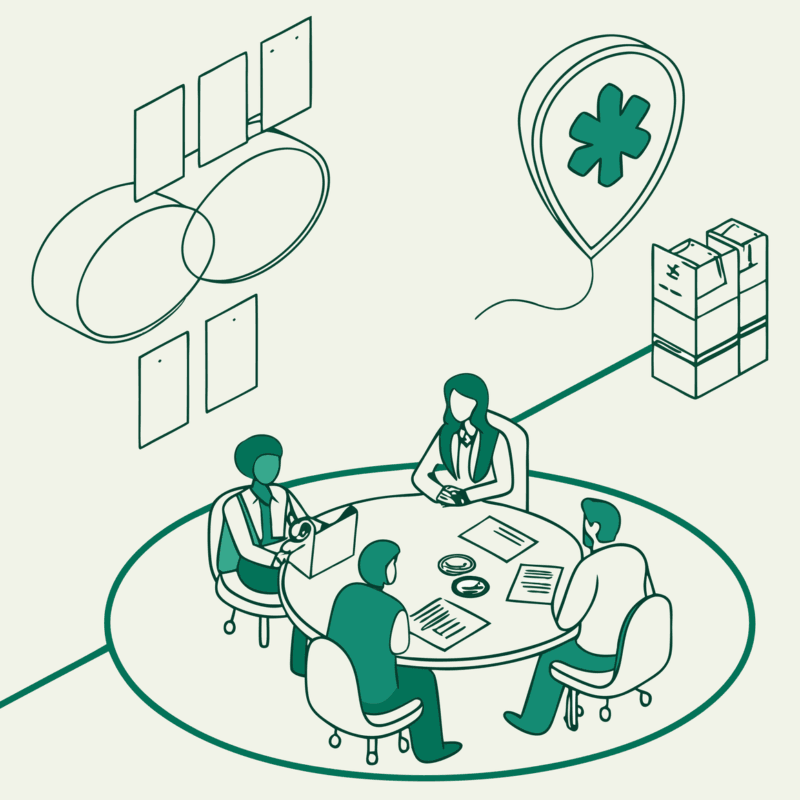 SovDoc advisory roundup illustration showing nephrology practice M&A experts discussing financial aspects of dialysis center acquisitions around a conference table with medical and financial elements, representing specialized healthcare merger and acquisition consulting.