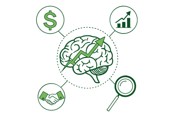 Illustration of a brain with financial elements for SovDoc, a healthcare M&A firm specializing in neurological rehabilitation practice mergers and acquisitions.