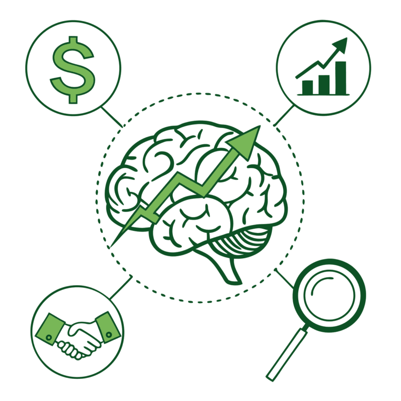 Illustration of a brain with financial elements for SovDoc, a healthcare M&A firm specializing in neurological rehabilitation practice mergers and acquisitions.