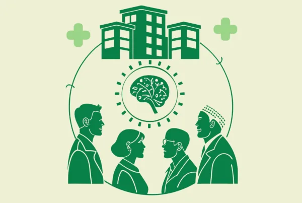 Stylized green illustration depicting advisors in a circular discussion around a brain icon, with medical facility and finance symbols radiating outward - representing SovDoc's specialized advisory services for neurology practice mergers, acquisitions, and financing.