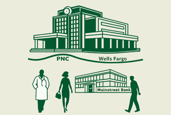 Stylized illustration showing financial institutions connected to an oncology center, representing SovDoc's expertise in healthcare M&A and advisory services for oncology practice lending and acquisitions.
