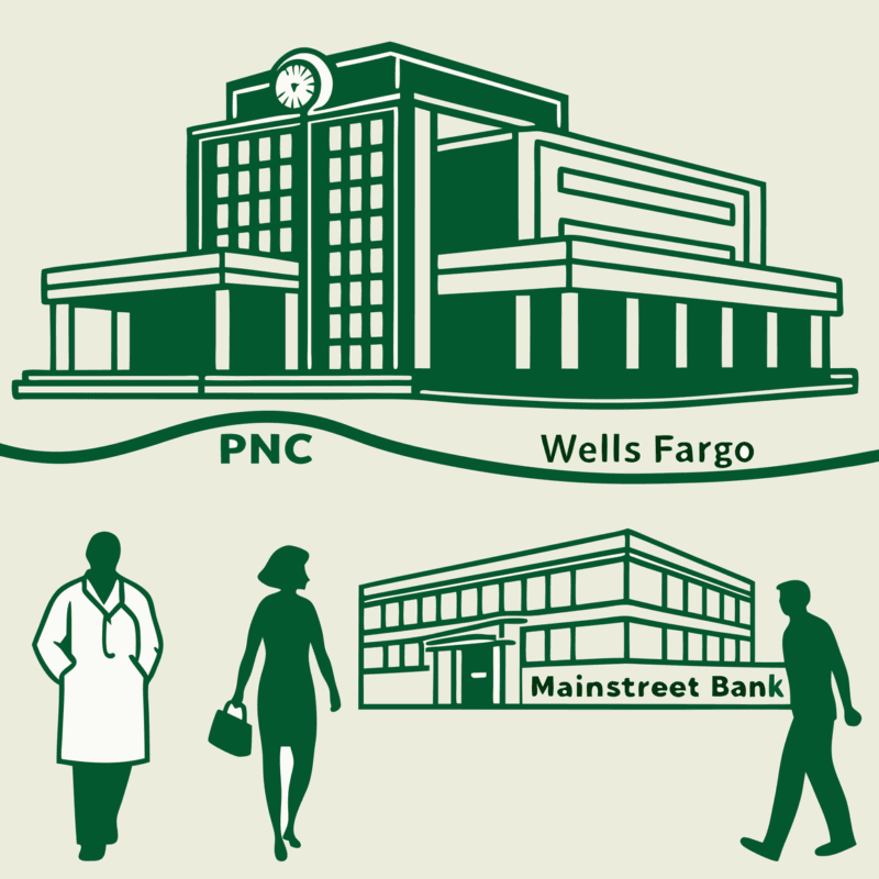 Stylized illustration showing financial institutions connected to an oncology center, representing SovDoc's expertise in healthcare M&A and advisory services for oncology practice lending and acquisitions.