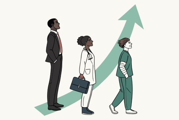 Illustration of three diverse professionals representing SovDoc's advisor roundup for orthopedic and post-surgical rehab practice mergers and acquisitions, with medical and financial symbolism in soft green tones.