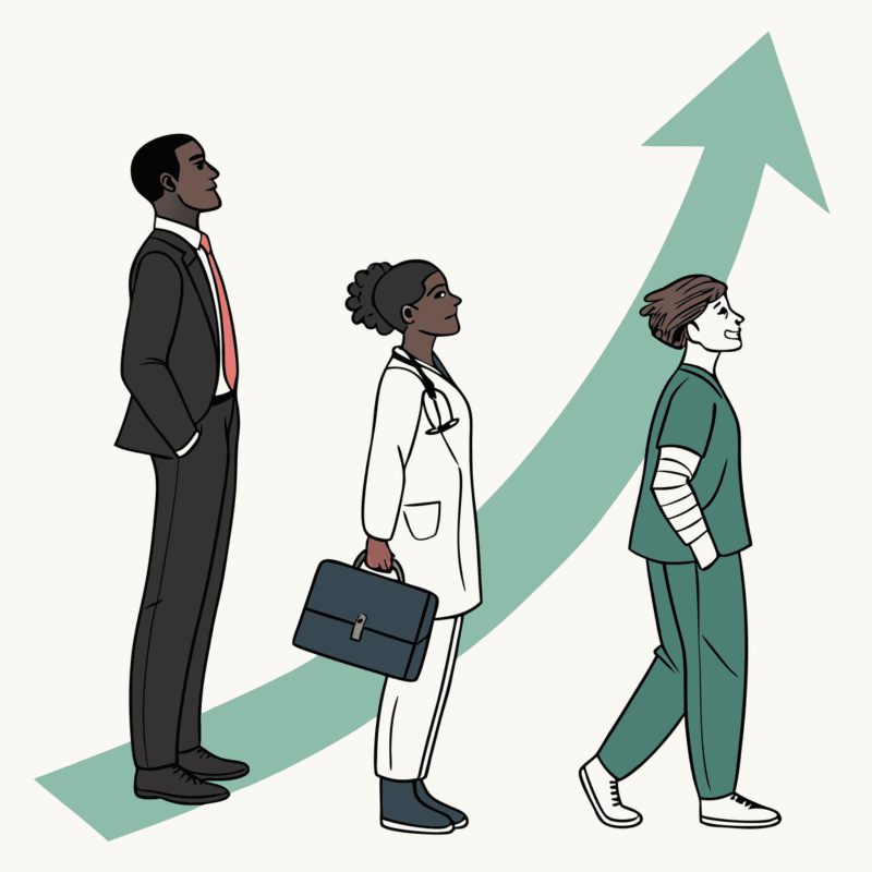 Illustration of three diverse professionals representing SovDoc's advisor roundup for orthopedic and post-surgical rehab practice mergers and acquisitions, with medical and financial symbolism in soft green tones.