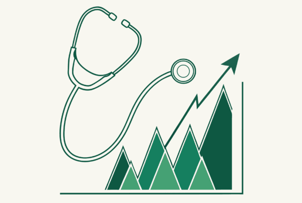 Stylized green stethoscope illustration with geometric elements representing physical therapy practice growth and acquisitions. SovDoc healthcare M&A advisory for outpatient PT practice mergers.