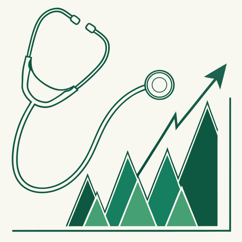 Stylized green stethoscope illustration with geometric elements representing physical therapy practice growth and acquisitions. SovDoc healthcare M&A advisory for outpatient PT practice mergers.
