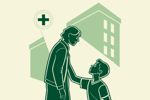Minimalist illustration of two figures engaging with a medical cross, symbolizing SovDOC's advisory services for plastic surgery practice M&A and lender relationships.