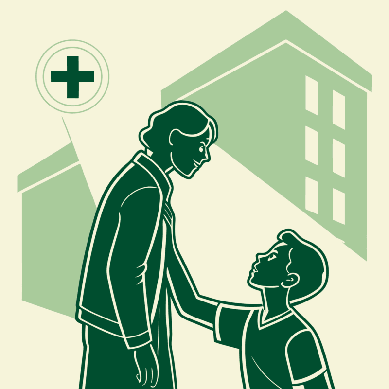 Minimalist illustration of two figures engaging with a medical cross, symbolizing SovDOC's advisory services for plastic surgery practice M&A and lender relationships.