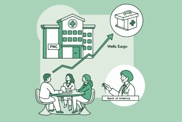 SovDoc healthcare M&A illustration showing financial advisors from major banks collaborating on primary care practice mergers and acquisitions, with financial charts and medical symbols representing the intersection of banking and healthcare investment.