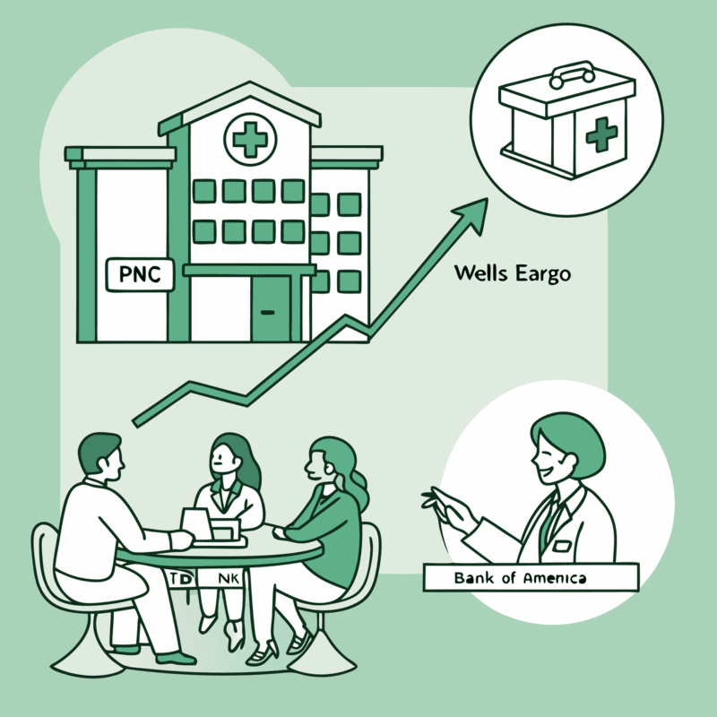 SovDoc healthcare M&A illustration showing financial advisors from major banks collaborating on primary care practice mergers and acquisitions, with financial charts and medical symbols representing the intersection of banking and healthcare investment.